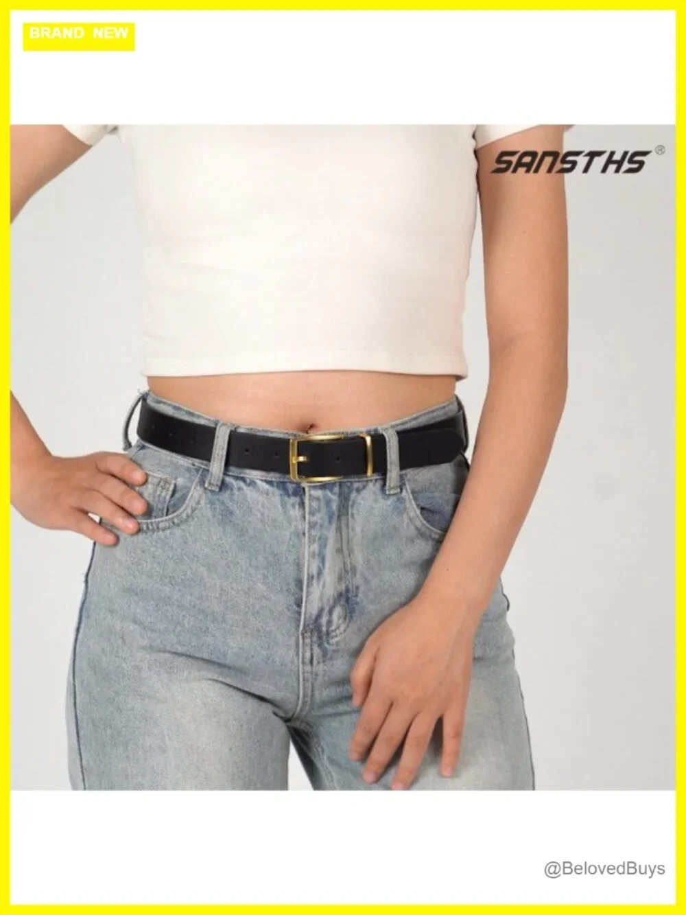 Women Faux Leather Belt with Gold Square Buckle, Adjustable Waist Belt for